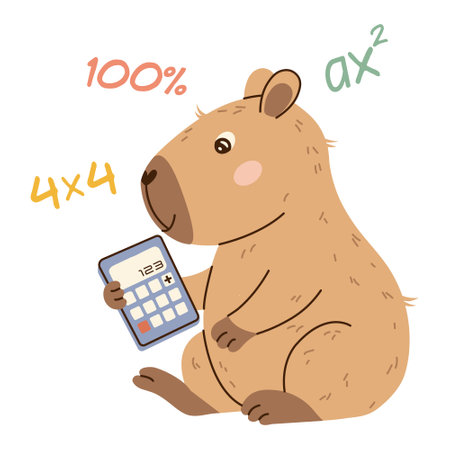 Smart capybara solving math with a calculator and math symbols. Flat hand-drawn style, transparent background. Ideal for educational posters, childrens books, and apps.のイラスト素材