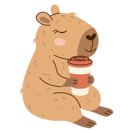 Relaxed capybara holding a takeaway coffee cup. Flat hand-drawn style with warm palette and transparent background. Great for lifestyle content, stickers, and cozy designs.のイラスト素材