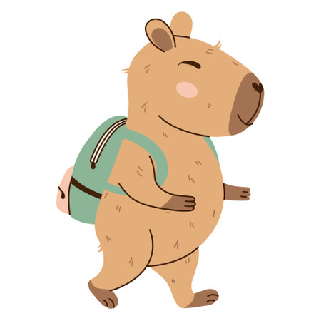 Capybara walking with a backpack, ready for school. Flat hand-drawn style illustration with transparent background. Perfect for educational projects and kids themes.のイラスト素材