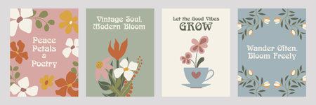 Set of retro boho floral cards in muted earthy tones with inspiring quotes. Ideal for greeting cards, posters, wall prints, digital scrapbooking, and seasonal decor.のイラスト素材