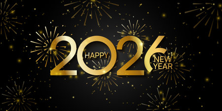 Elegant gold 2026 Happy New Year banner with fireworks on black background. Luxury festive style,...