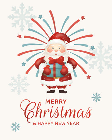 Christmas poster template with Santa Claus, snowflakes, and fireworks in red, light blue, and white. Festive and cheerful design for social media greetings, holiday ads, and digital promotions.のイラスト素材