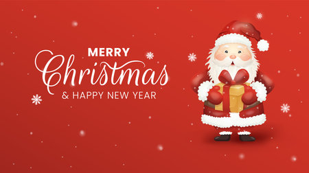 Festive Christmas banner template with cute Santa Claus holding a gift on red background. Elegant typography, red and white color palette. Ideal for social media, web, ads, greeting cards.のイラスト素材