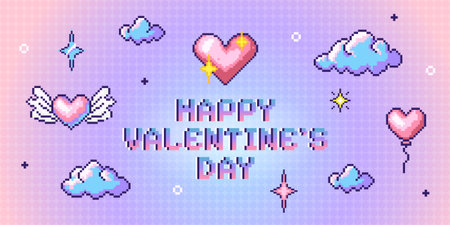 Pixel art Valentines Day banner with pastel pink, purple and blue gradient background, cute hearts, clouds and stars. Ideal for social media, web, greeting cards, digital templates, festive designs.のイラスト素材