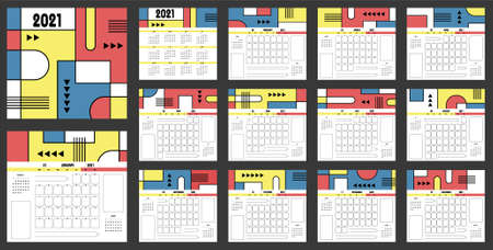 Calendar template of 2021 year in Bauhaus style. Event planner with abstract geometric design in primary colors. Week Starts on Mondayのイラスト素材