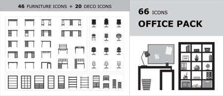 66 flat, grayscale icons of office furniture and clutterのイラスト素材