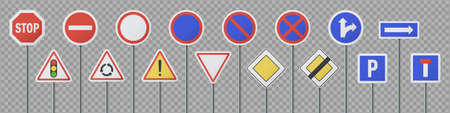Set of 16 realistic European traffic signs on postsのイラスト素材