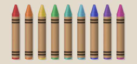 set of 9 crayons in various colors wraped in neutral paperのイラスト素材
