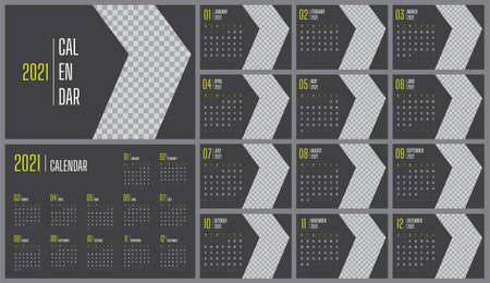 Calendar template of 2021 year with place for photo. Event planner with creative design on a dark background. Week Starts on Monayのイラスト素材