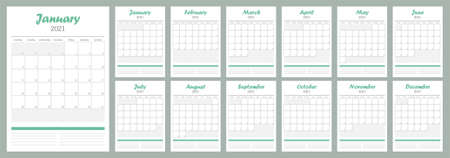 Calendar tamplate of 2021 year. Event planer with simple clean design and space for notes. Week starts on Mondayのイラスト素材