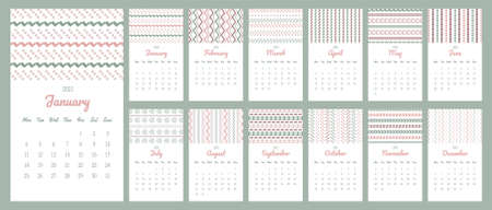Wall Calendar template of 2021 year. Event planer decorated with stripy patterns. Cute design with calligraphy fonts and muted pastel colors. Week starts on Mondayのイラスト素材