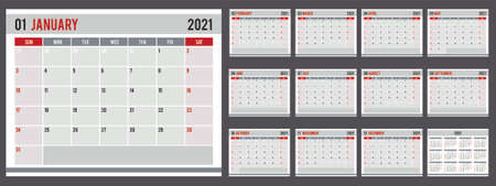 Calendar template of 2021 year in clean minimal style. Event planner for wall or desk and space for notes. Week Starts on Sundayのイラスト素材