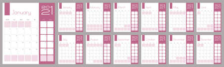 Wall Calendar tamplate of 2021 year. Event planer with monochrom design. Week starts on Mondayのイラスト素材