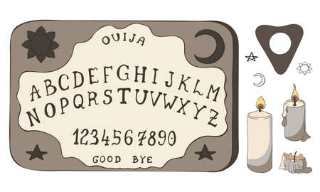 Ouija Board and candles isolated on white background. Occultism Set. Vector Illustration.のイラスト素材