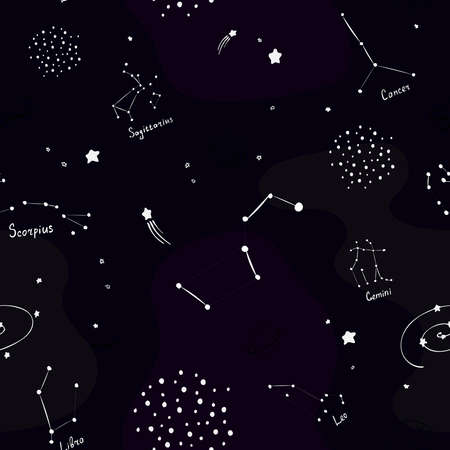 Space hand drawing. Zodiac signs. Seamless background