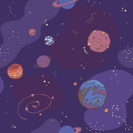 Seamless background on the theme of space. Hand drawing of planets and constellations