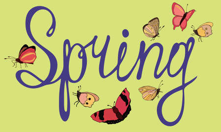 Spring letter with cute butterflies. Springtime seasonal lettering or inscription. Hand drawn....