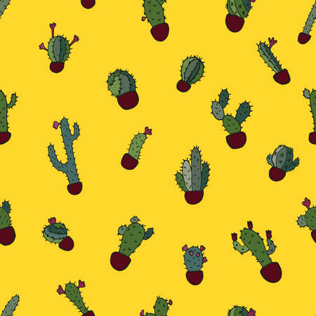 Doodle image of cute cacti. Seamless background. Plants in bright color. Vector illustration. Hand drawingのイラスト素材