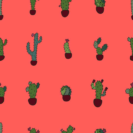 Cute simple drawings of cacti on a bright background. Doodle style plants. Seamless background. Idea for a fun holiday wrapper. Vector illustration.のイラスト素材