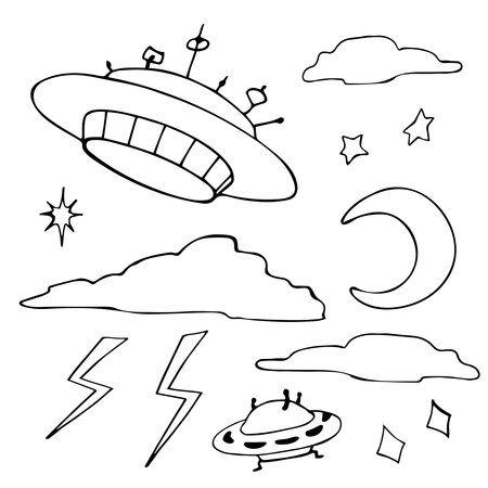 Doodle set on the theme of UFOs, flying saucers, clouds, sky. Hand drawing. Vector illustrationのイラスト素材