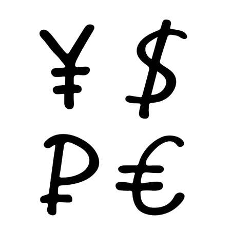 Doodle signs icons of world currencies dollar euro yen ruble. Isolated on white background. Vector illustration on the theme of finance and economics.のイラスト素材