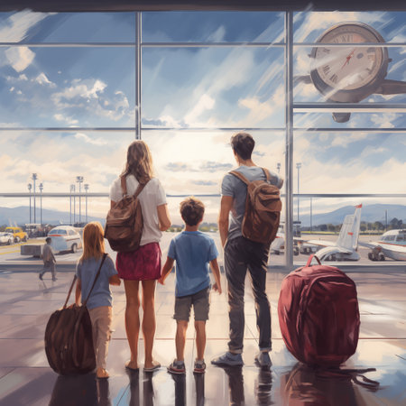 Back view of family with two kids looking at the window in airportの素材