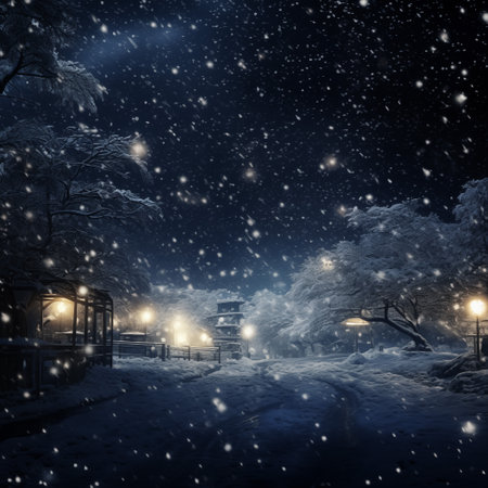 Snowfall in the park. Winter landscape with trees and lanterns.の素材