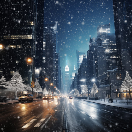 New York City Manhattan midtown skyline at night under snowfall.の素材