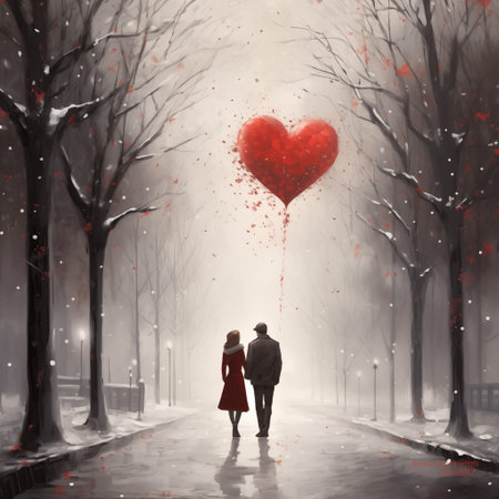 Young couple in love walking in a winter alley with heart shaped balloonの素材