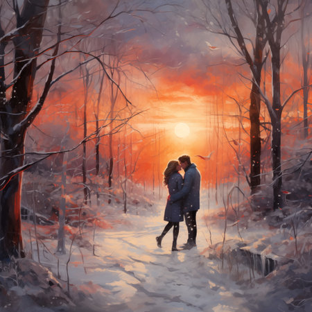 Couple in love walking in winter forest at sunset. Digital paintingの素材