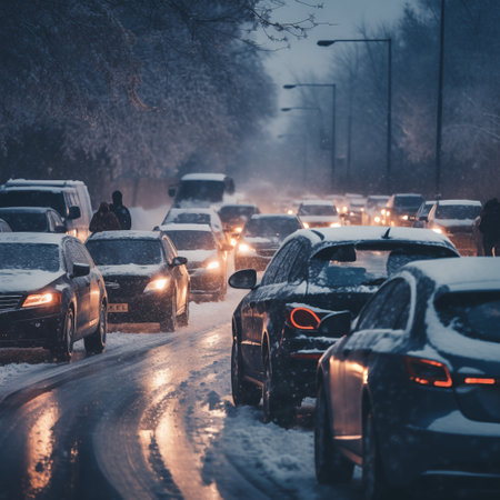 Traffic jam on a snowy winter road. Traffic jam in the city.の素材