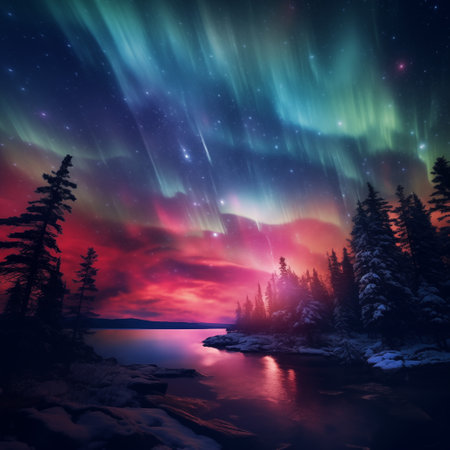 Aurora borealis in the night sky over the lake.の素材