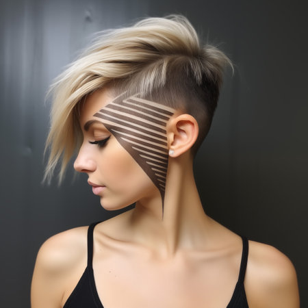 Beautiful young woman with hair tied in a striped pattern on her faceの素材