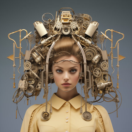 Portrait of a beautiful young woman with hair curlers and hairstyle in the style of steampunk.の素材