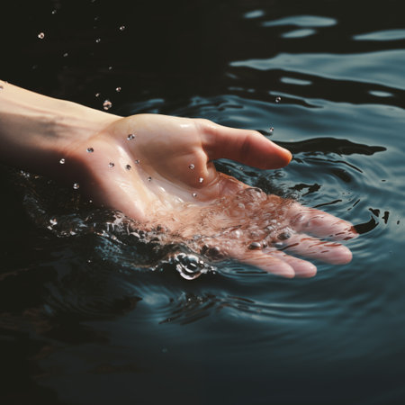 Woman's hand splashing water on a dark background, close upの素材
