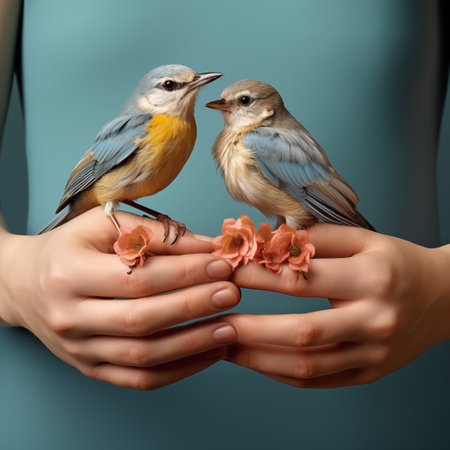 Female hands holding a pair of bluebirds in front of a blue backgroundの素材