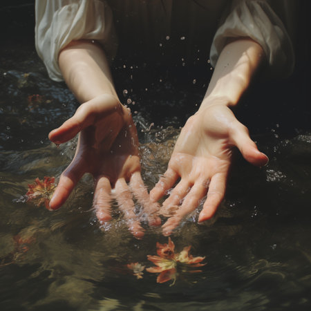 Woman's hands in the water. Selective focus. nature.の素材