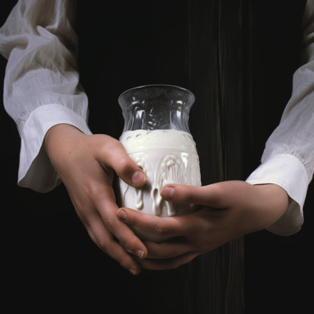 Woman's hands holding a glass jar with milk on a black backgroundの素材