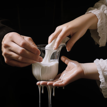 Female hands pouring milk into a glass, black background, closeupの素材