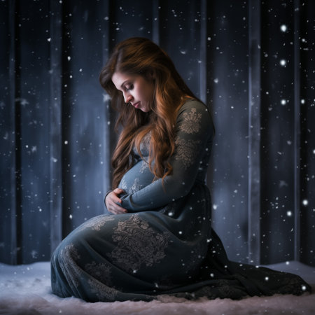 Beautiful pregnant woman sitting on the floor in the room with snowの素材