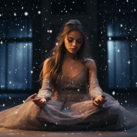 Beautiful young woman meditating in the dark room with falling snowの素材