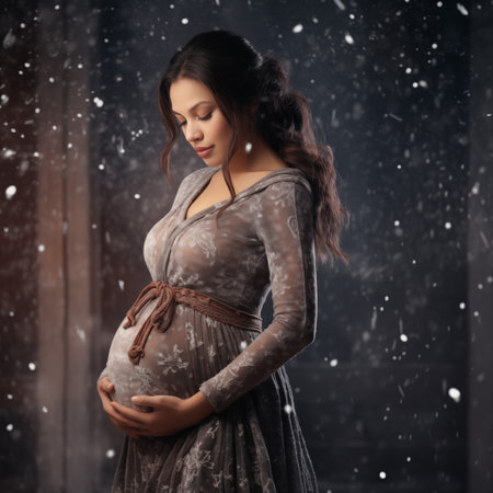 Beautiful pregnant woman in a long dress on the background of falling snowの素材