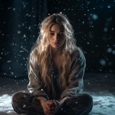 Portrait of a beautiful young woman sitting in the snow at nightの素材