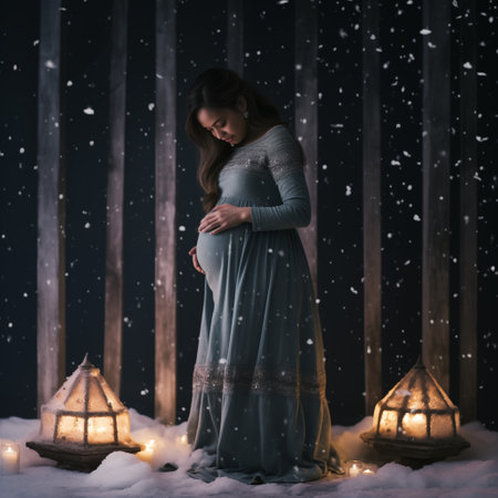 Beautiful pregnant woman in a winter landscape with lanterns and falling snowの素材