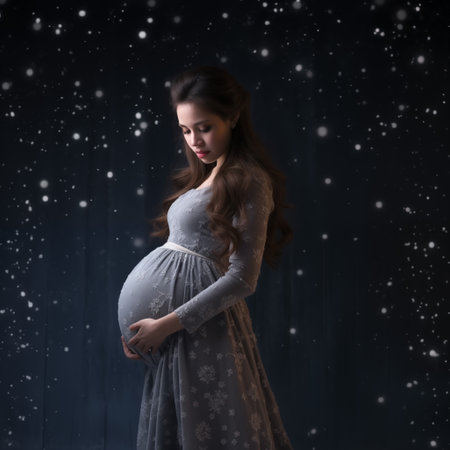 Pregnant woman in the studio on a dark background with snowの素材
