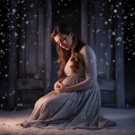 Beautiful pregnant woman sitting on the snow in a dark room.の素材