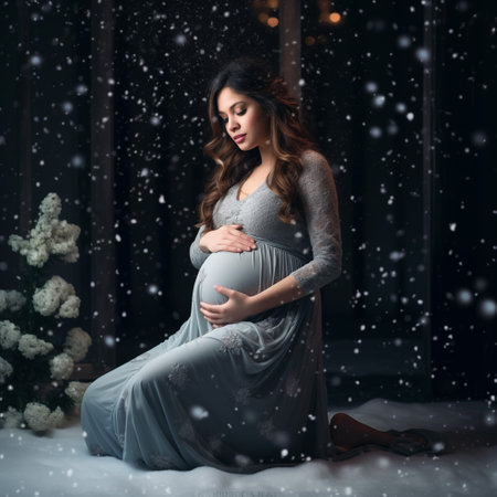 Beautiful pregnant woman sitting on the floor in the room with snowの素材