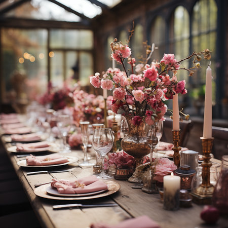 Wedding table decorated with flowers and candles in rustic styleの素材