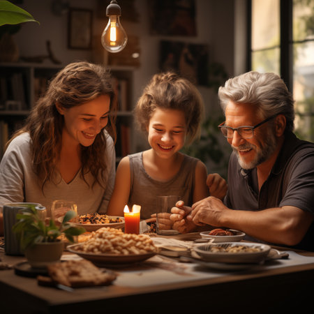 Happy family having dinner together at home. Grandmother, father and daughter are sitting at the table and smiling.の素材