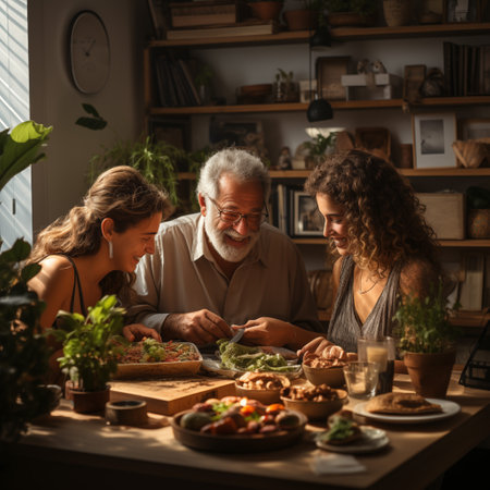 Happy family having dinner together at home. Grandfather, mother and daughter eating healthy food.の素材